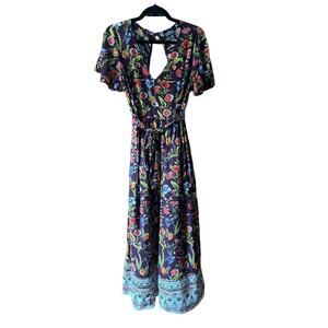 Angie Women's Maroon Floral Smocked High Waist V-Neck Maxi Dress Romper Size S